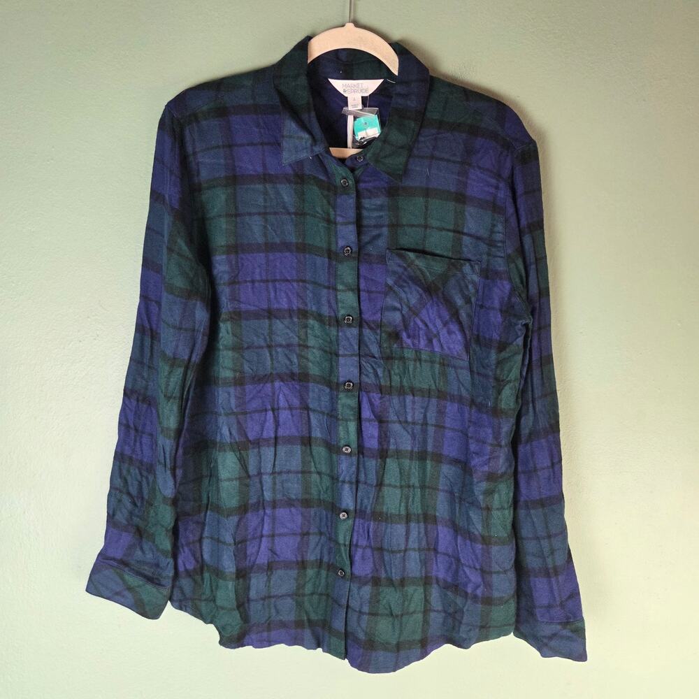 Market & Spruce Womens Large Amelia Cozy Flannel Plaid Top Blue Green Stitch Fix